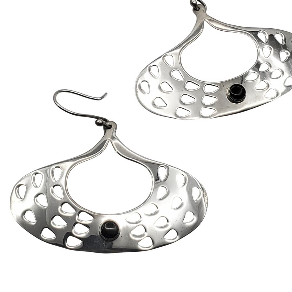 Taxco Earrings 925 Sterling Silver Black Onyx Openwork Dangle Mexico Pierced Vtg